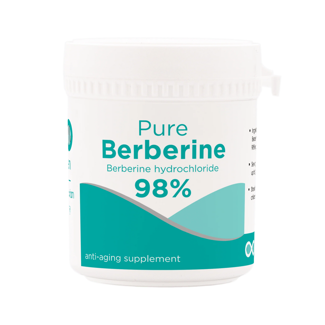 A container of Hansen Berberine 98% powder with a label that includes the product name and its purity level, indicating its use as an anti-aging supplement.