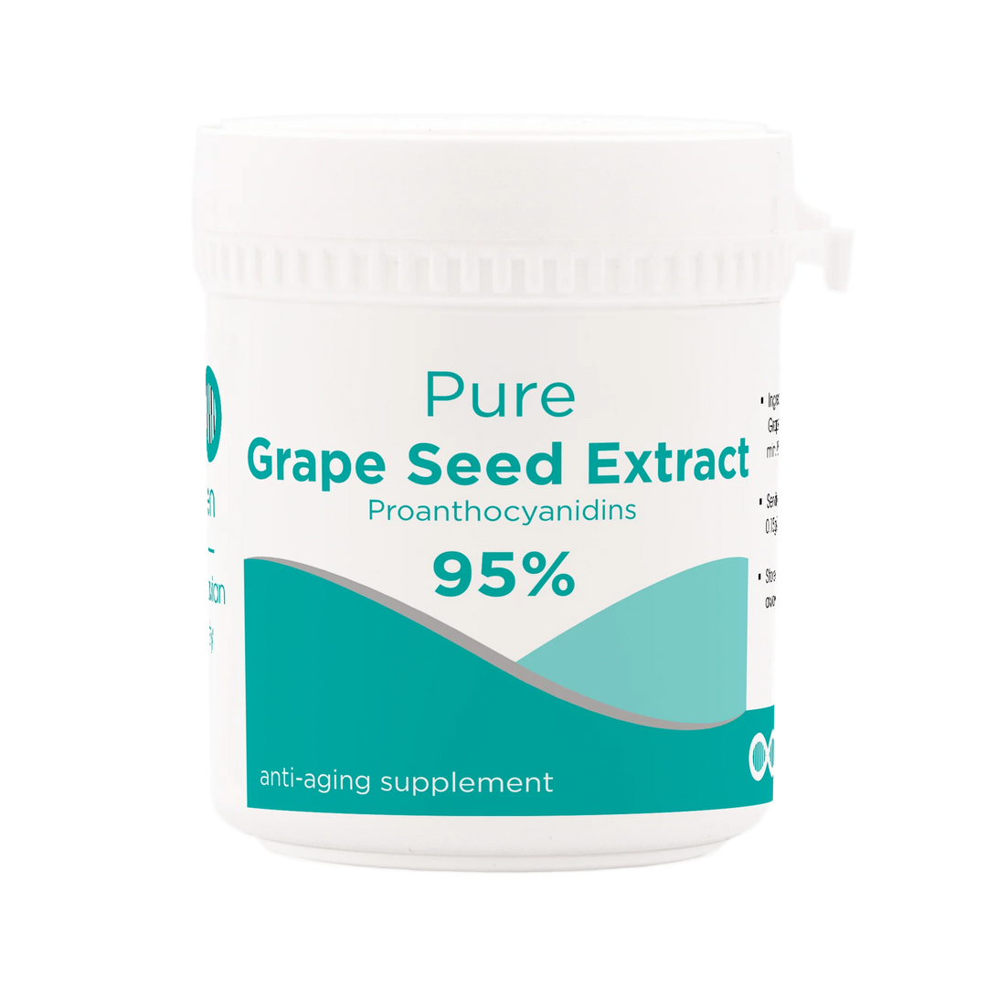 Container of Pure Grape Seed Extract with Proanthocyanidins 95% on a white background