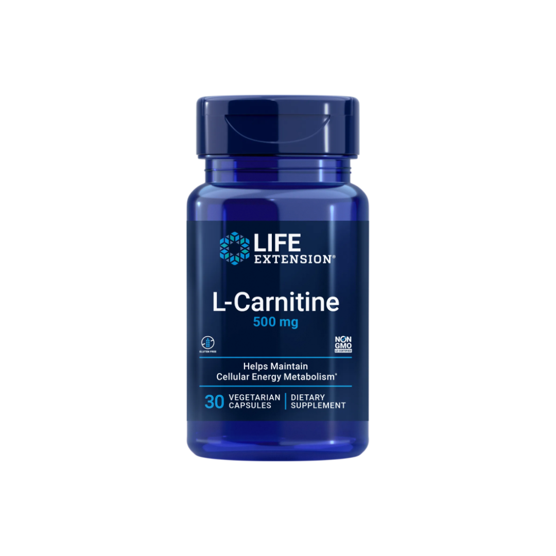 Blue bottle of Life Extension L-Carnitine 500 mg supplement, contains 30 vegetarian capsules