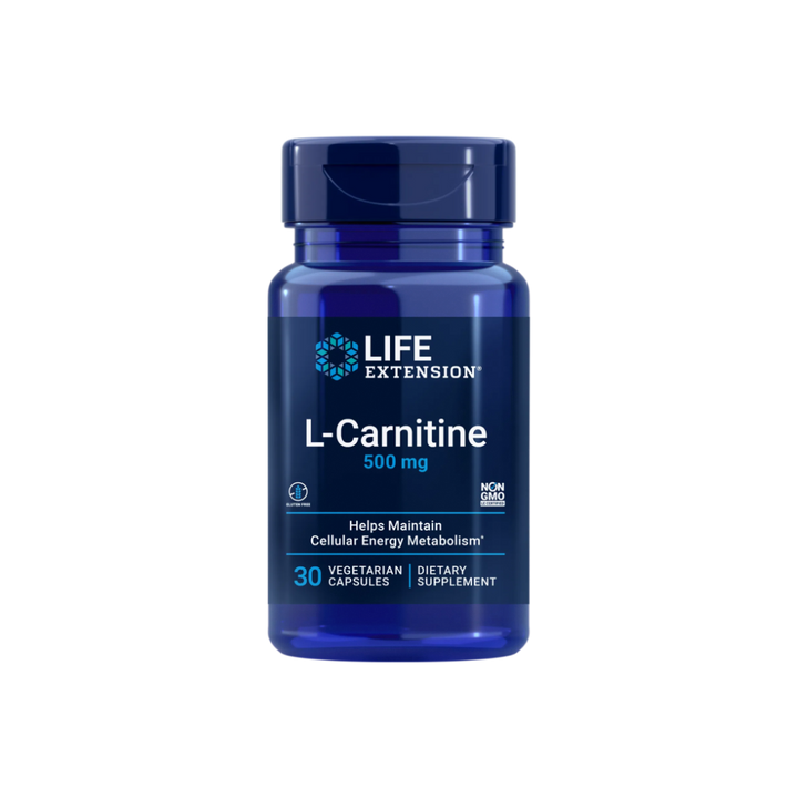 Blue bottle of Life Extension L-Carnitine 500 mg supplement, contains 30 vegetarian capsules