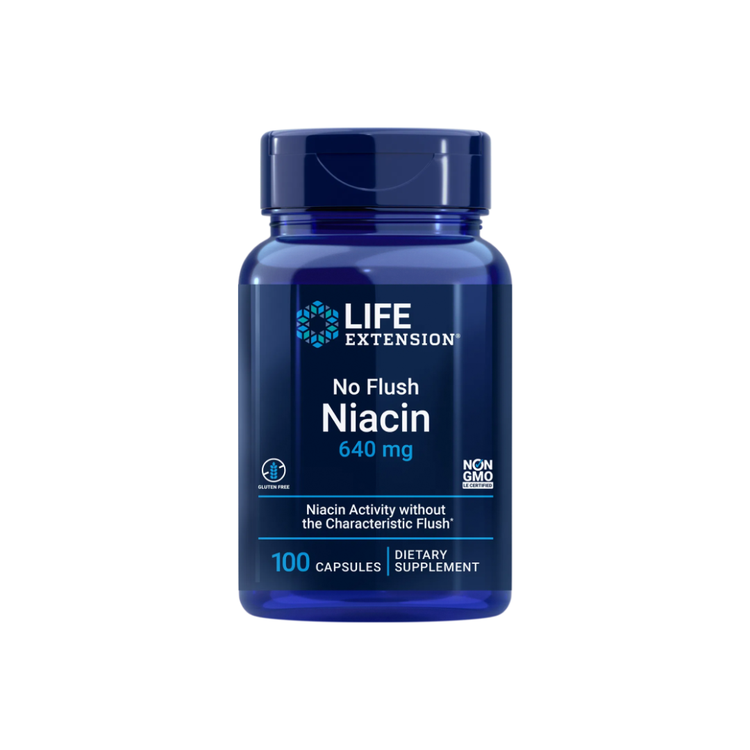 Front of Life Extension No Flush Niacin supplement bottle – 800 mg, 100 vegetarian capsules. Blue and white label highlighting support for cholesterol and energy metabolism.