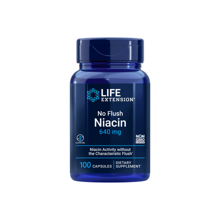 Front of Life Extension No Flush Niacin supplement bottle – 800 mg, 100 vegetarian capsules. Blue and white label highlighting support for cholesterol and energy metabolism.