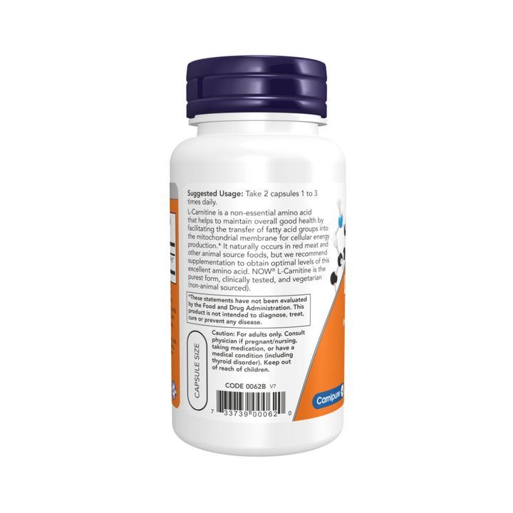 Back view of NOW L-Carnitine 250mg bottle – manufacturing and safety information