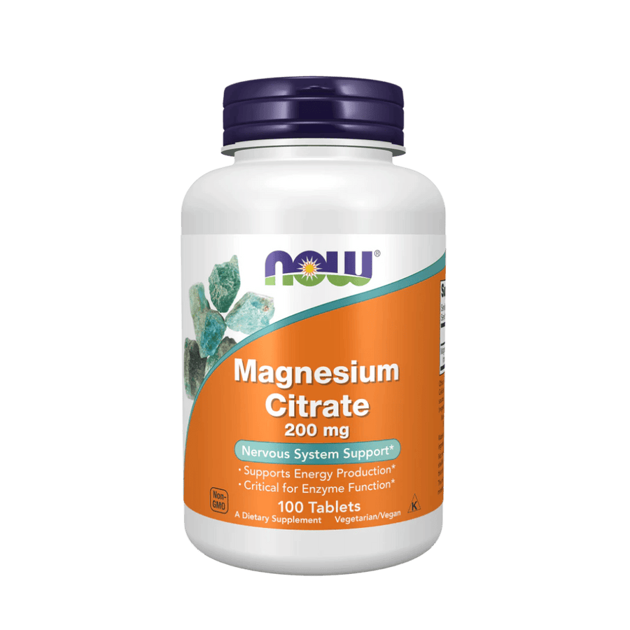 Bottle of NOW Magnesium Citrate supplement on a green background