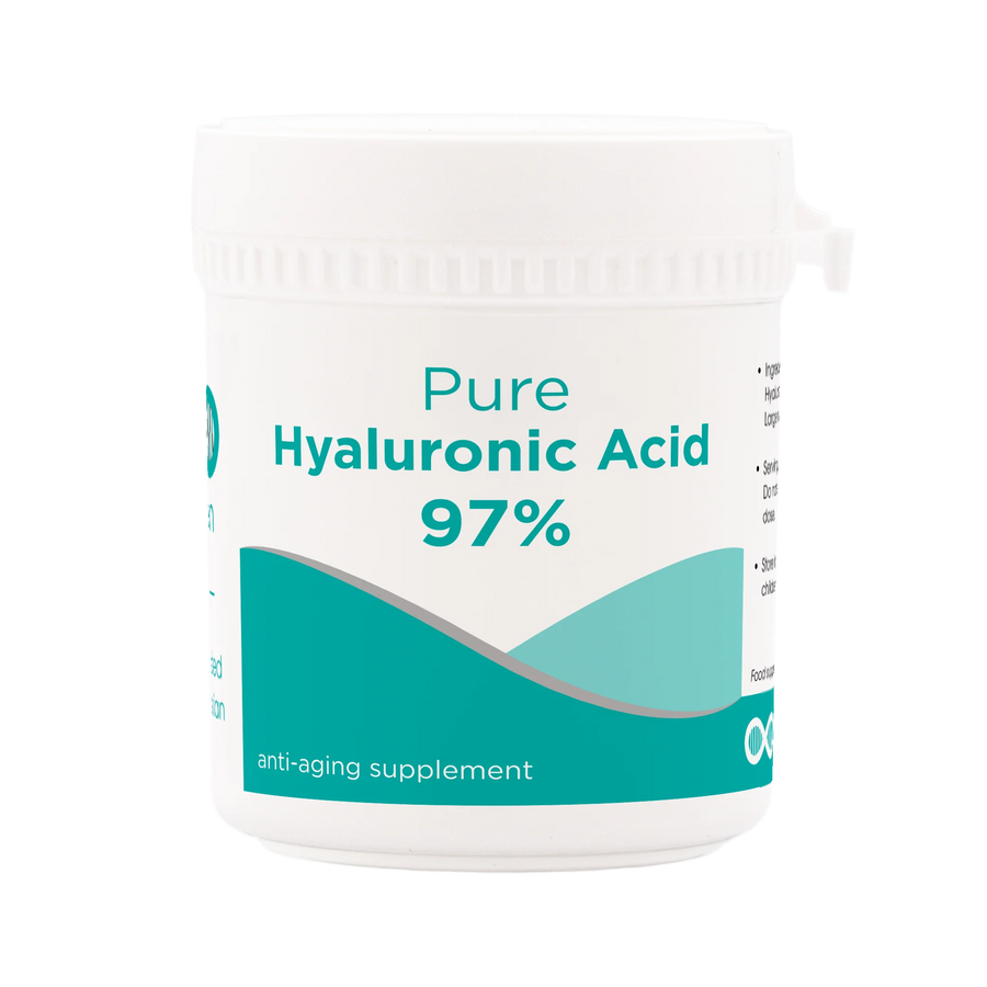 Container of pure hyaluronic acid supplement on a white background