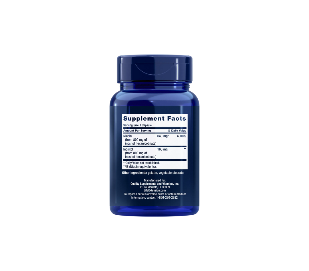 Back of Life Extension No Flush Niacin bottle showing Supplement Facts label and ingredients, dosage instructions, and product warnings.