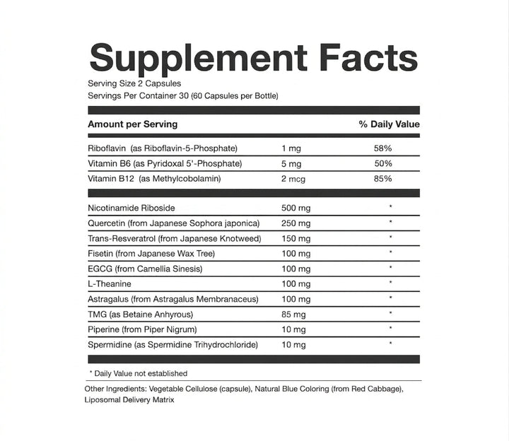 Supplement facts label with detailed nutritional information on a white background