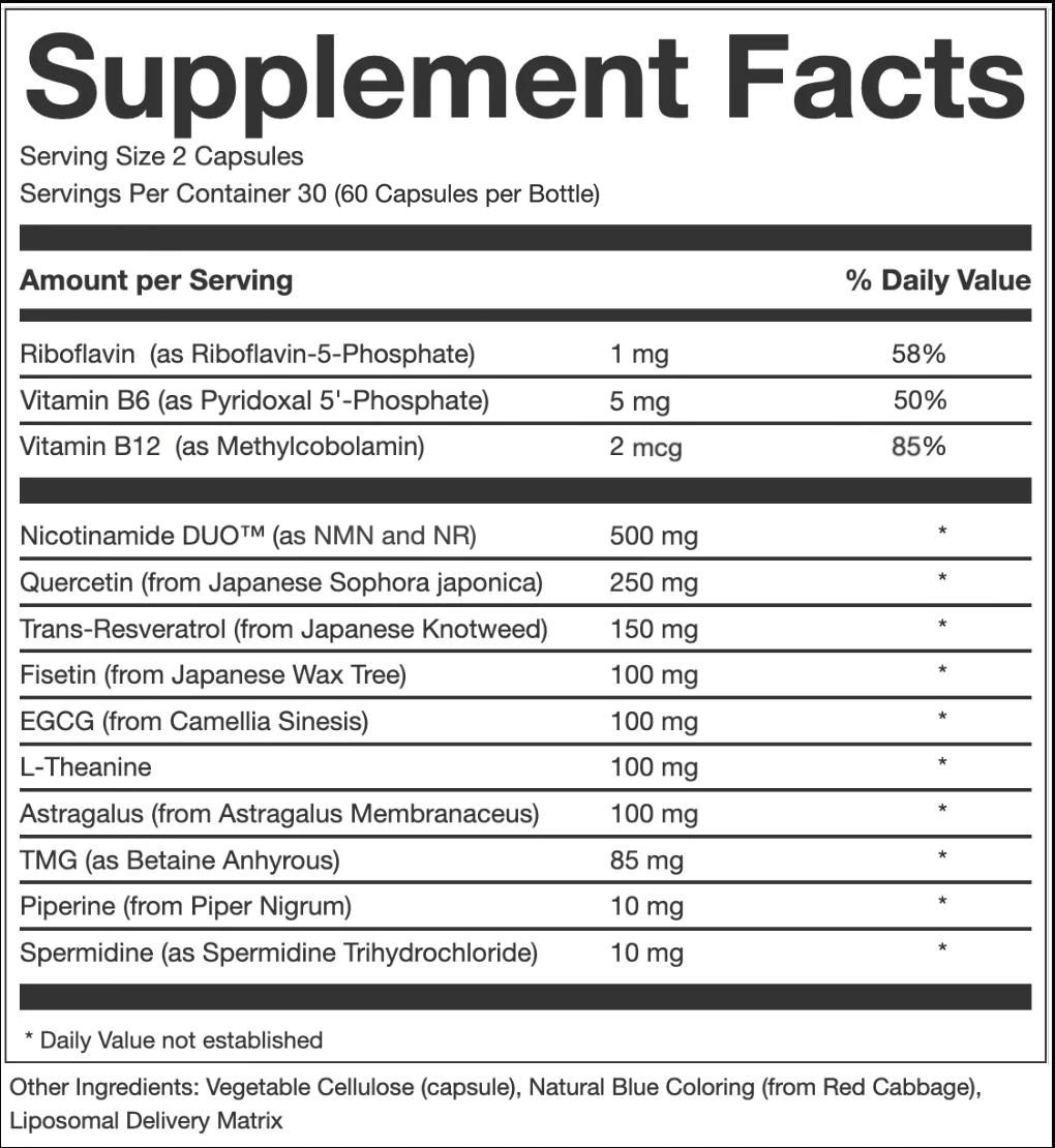 Supplement facts label with detailed nutritional information on a white background