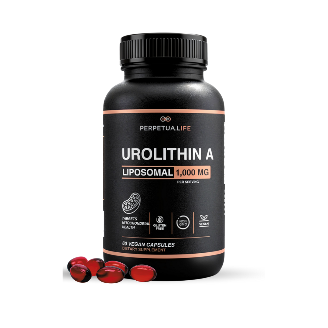 Perpetual Life Urolithin A supplement bottle with capsules on a white background