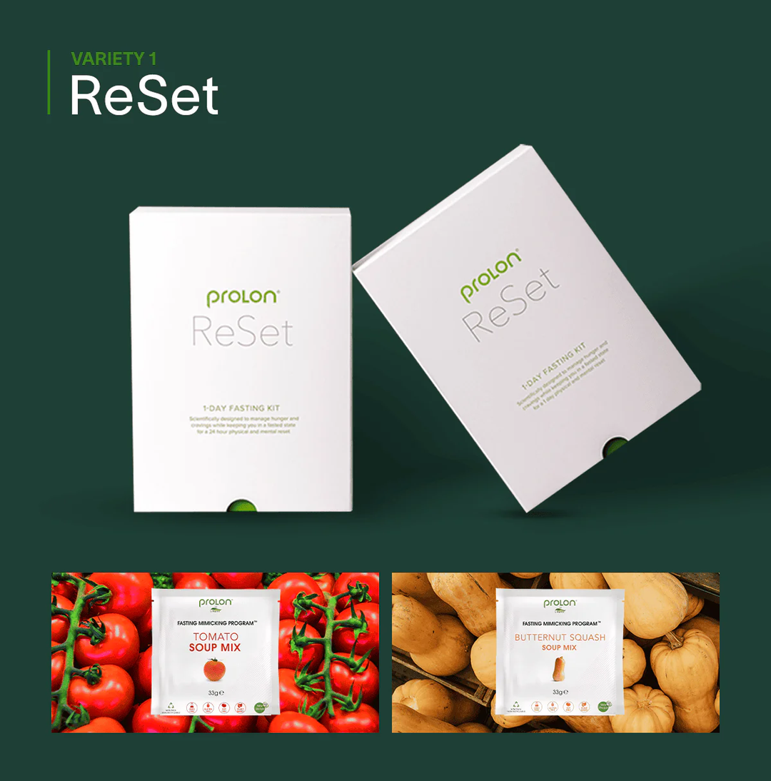 Prolon ReSet fasting kit packaging with ingredients on a green background