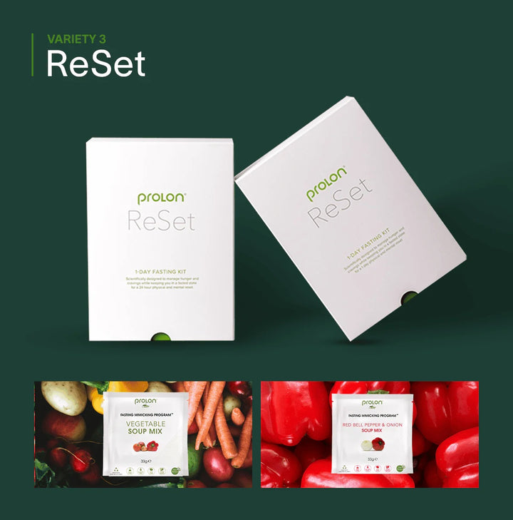Prolon ReSet fasting kit packaging on a green background with vegetables displayed below.