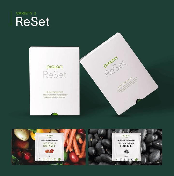 Prolon ReSet product packaging on a green background with images of vegetables and beans.