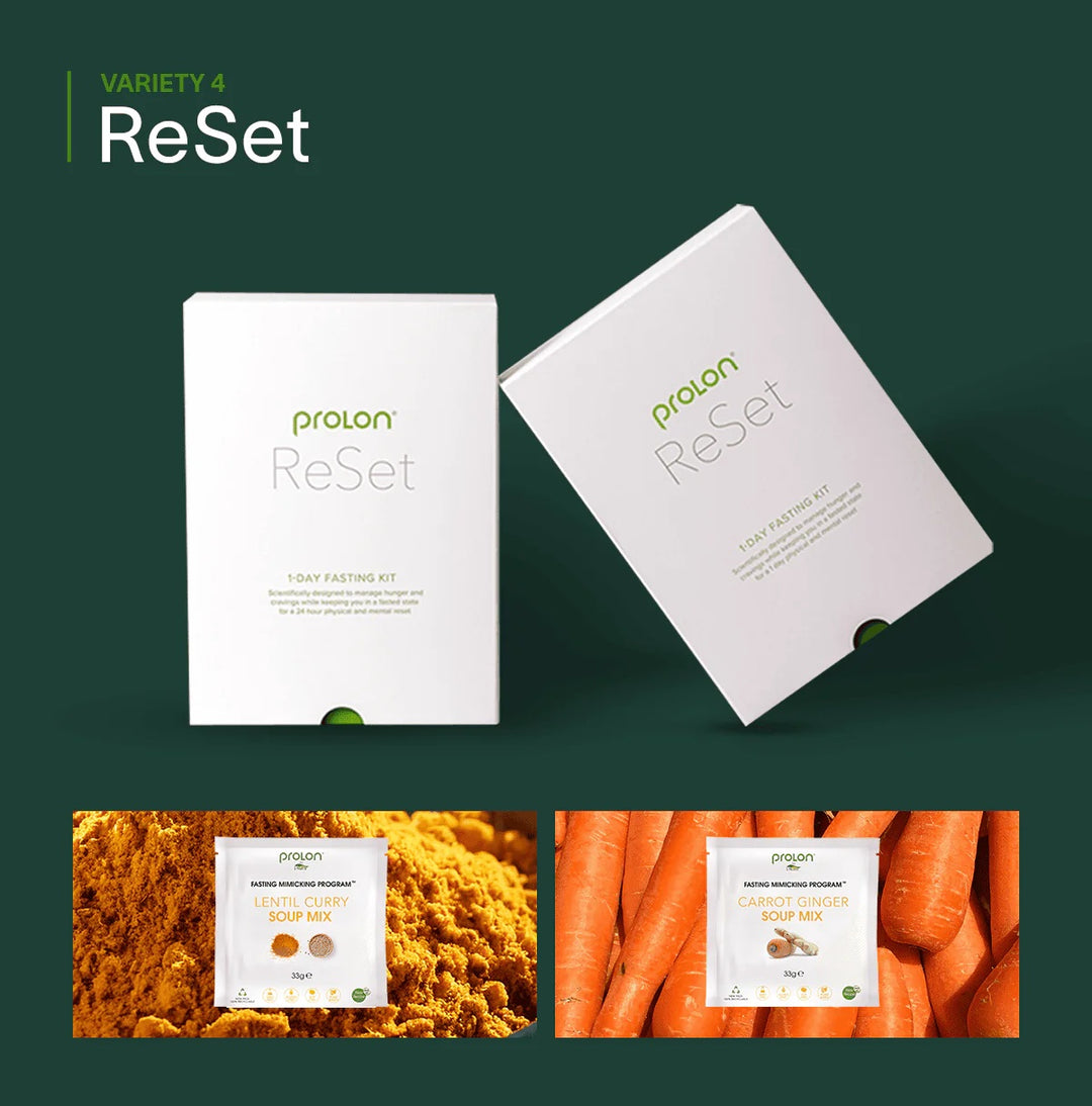 Prolon ReSet fasting kit packaging on a green background with images of carrots and fiber-rich food.