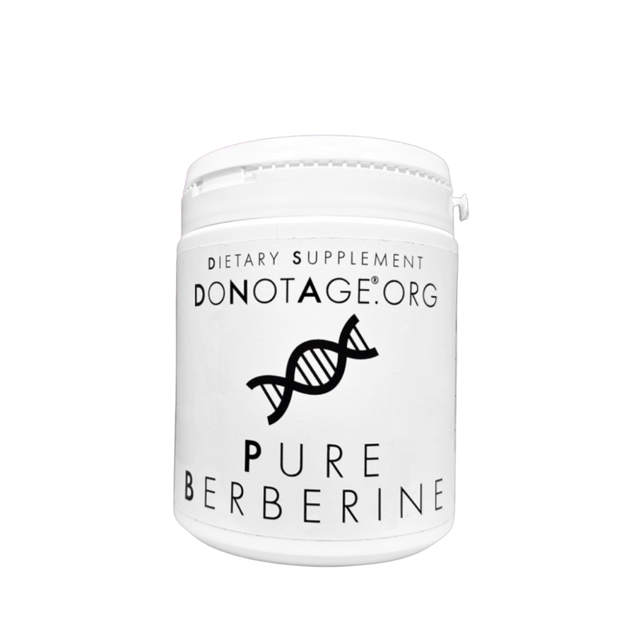 Pure Berberine supplement bottle packaging by DoNotAge for O-Biotique – front label showing metabolic and cellular health support
