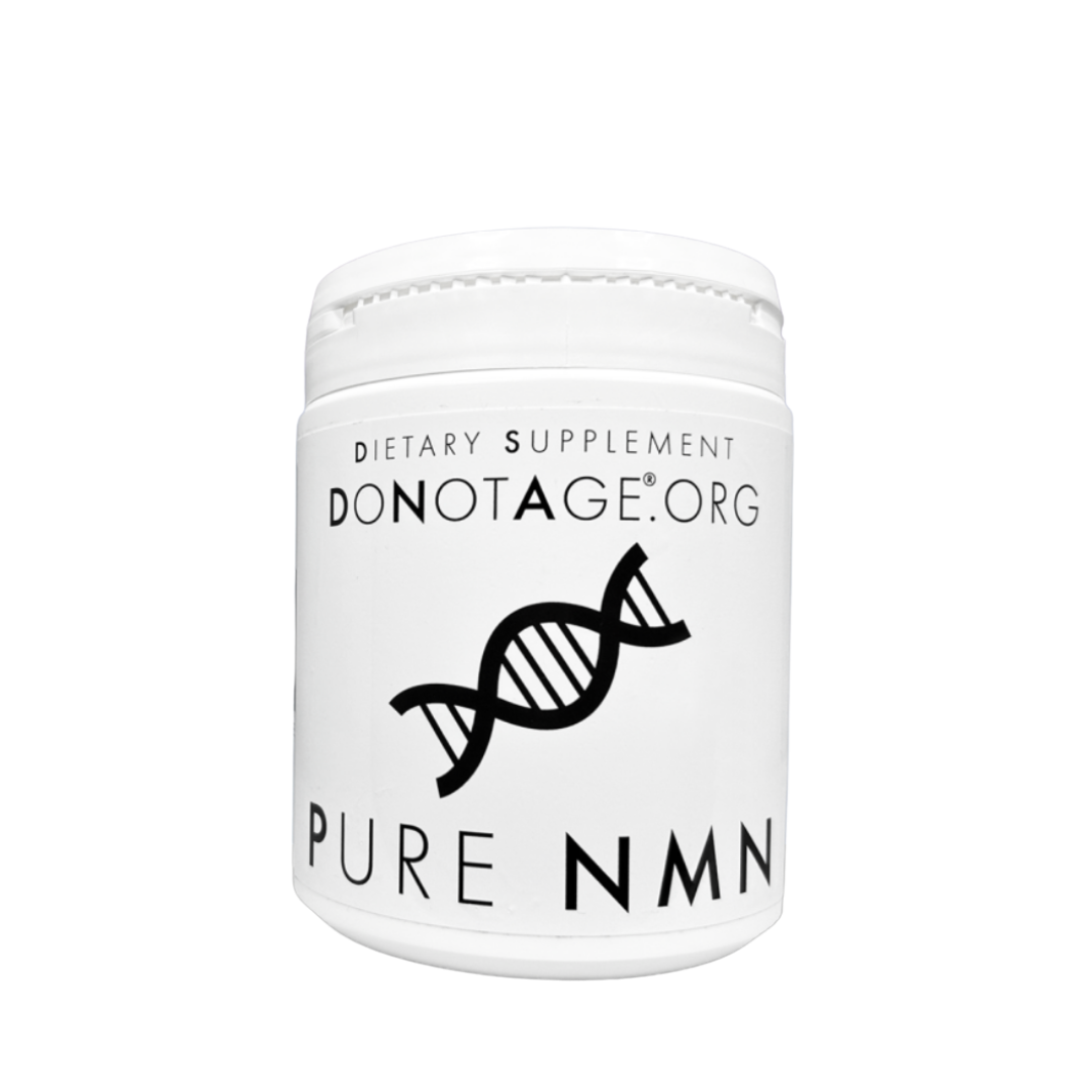 White container of 'PURE NMN' dietary supplement with 'DONOTAGE.ORG' branding on a white background.