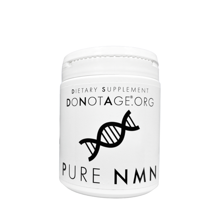 White container of 'PURE NMN' dietary supplement with 'DONOTAGE.ORG' branding on a white background.