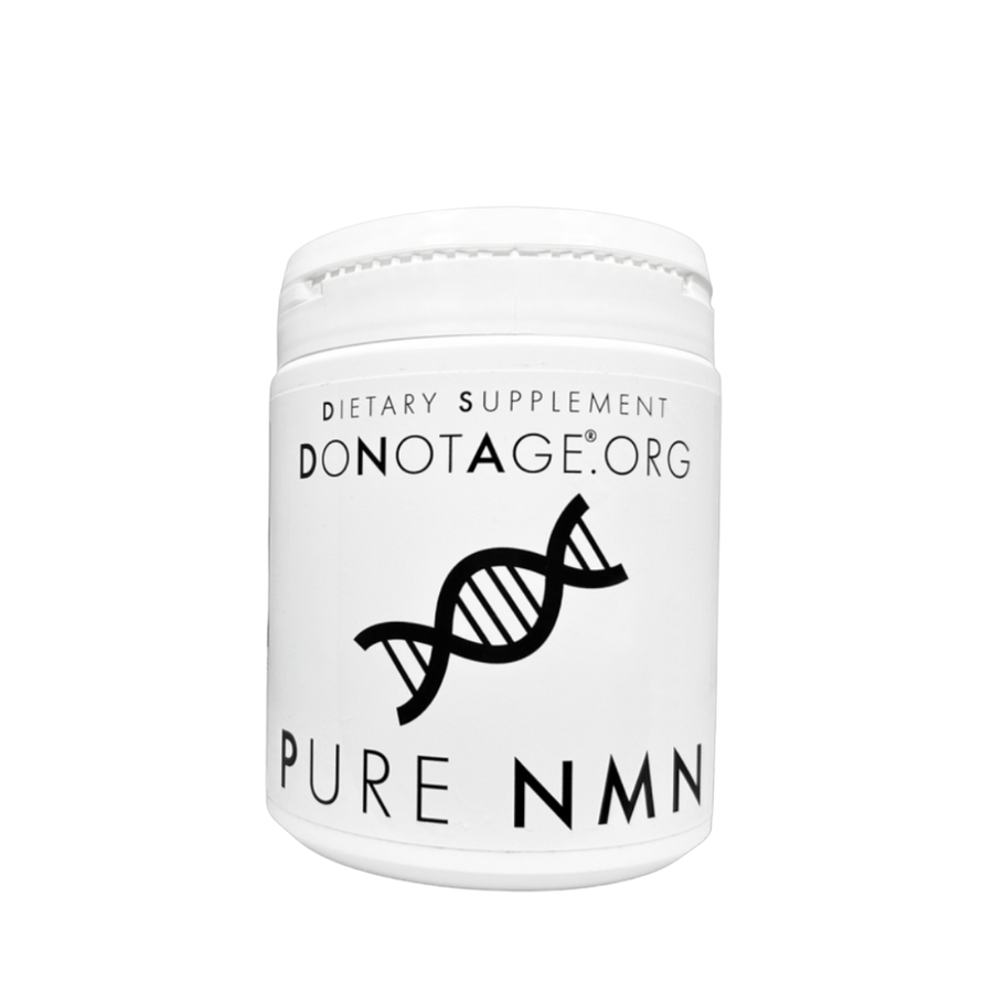 White container of 'PURE NMN' dietary supplement with 'DONOTAGE.ORG' branding on a white background.