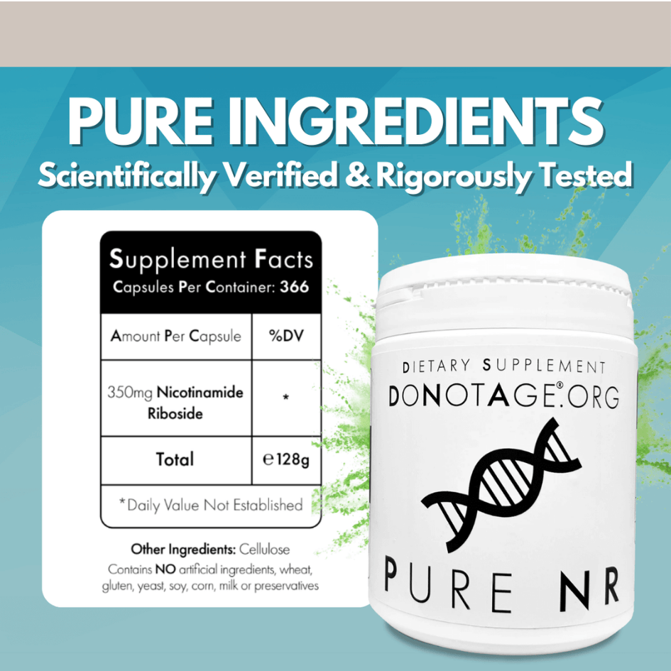 Pure NR Nicotinamide Riboside capsules with ingredient details for NAD+ restoration, DNA repair, and cellular health