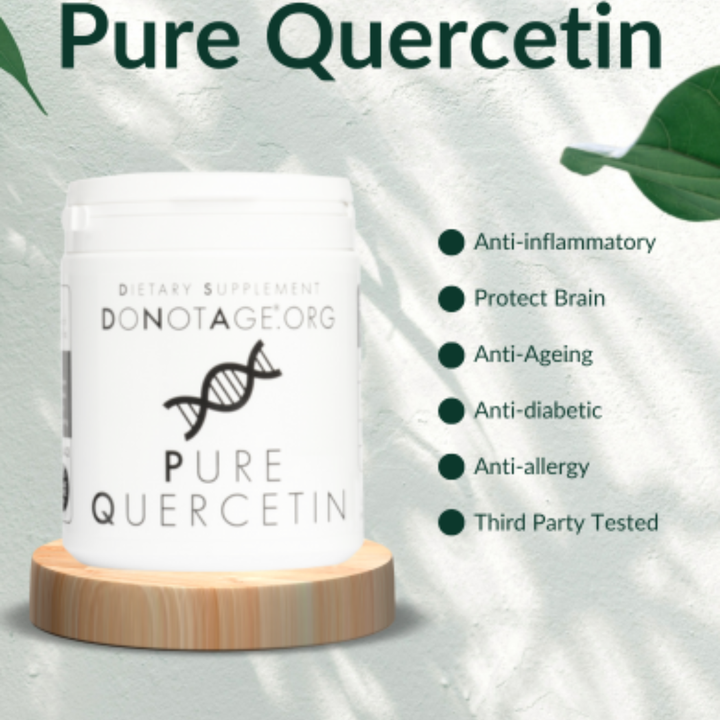 Dietary supplement container labeled 'Pure Quercetin' with a wooden base on a light green background.