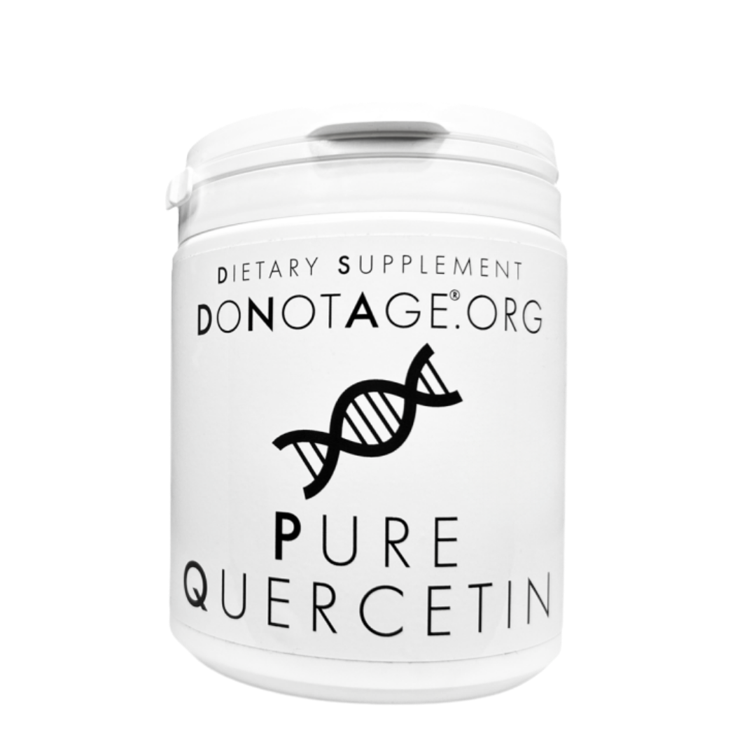White supplement container labeled 'Pure Quercetin' by Donotage on a white background