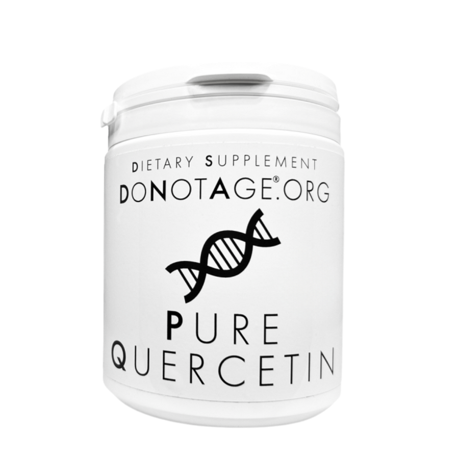 White supplement container labeled 'Pure Quercetin' by Donotage on a white background
