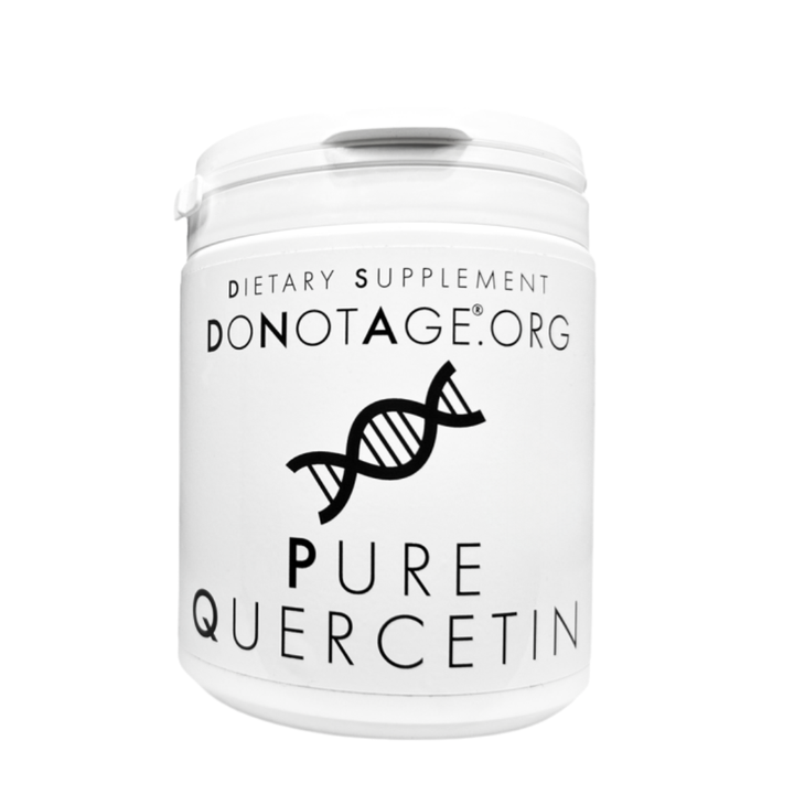 White supplement container by DONOTAGE branding and PURE QUERCETIN text on a white background