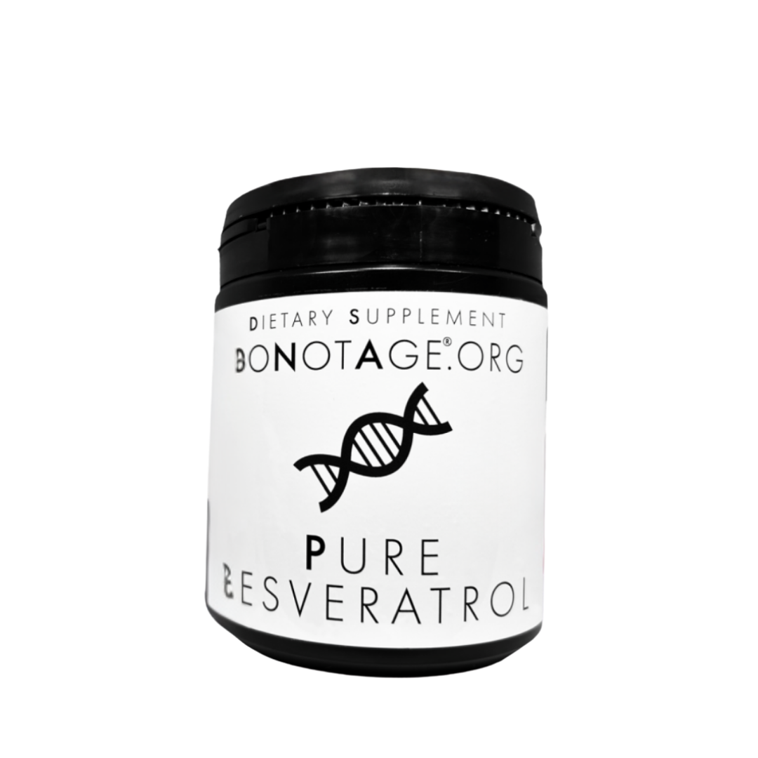 Pure Resveratrol 99% Trans-Resveratrol supplement bottle by DoNotAge for longevity, heart health and brain support - front packaging