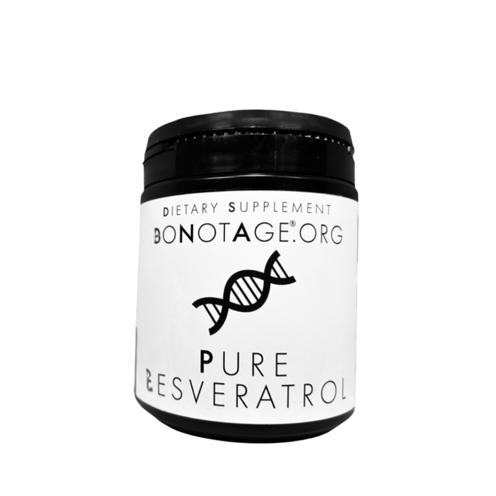 Pure Resveratrol 99% Trans-Resveratrol supplement bottle by DoNotAge for longevity, heart health and brain support - front packaging