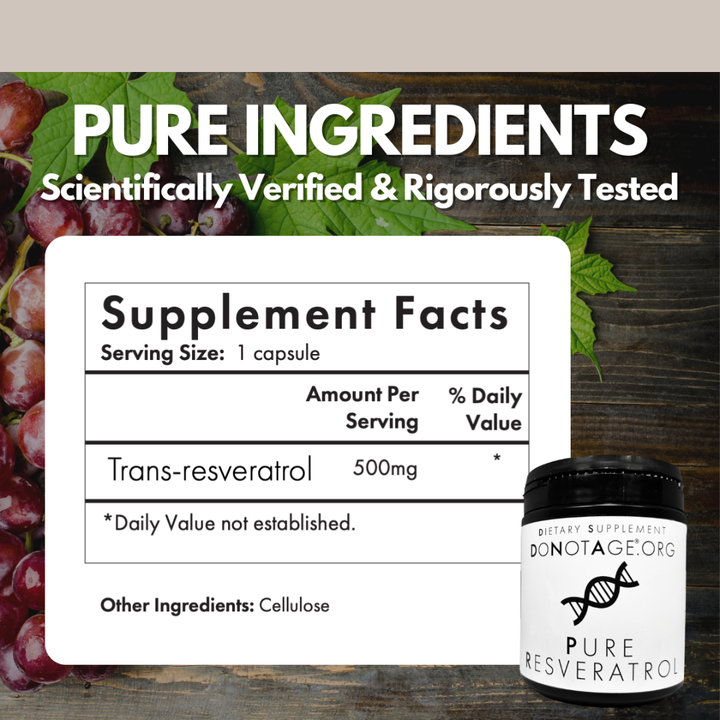 Pure Resveratrol 99% supplement facts label showing ingredients, dosage, and nutritional information by DoNotAge