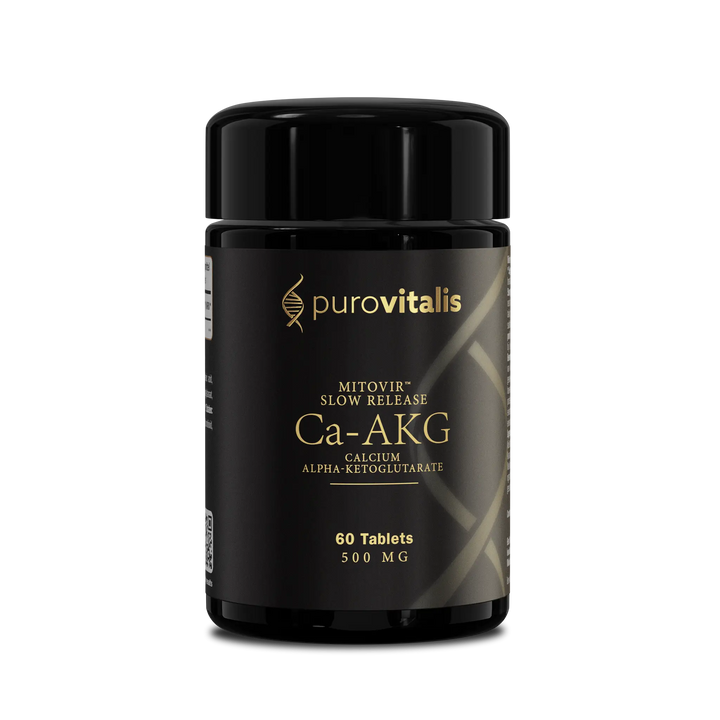 Black supplement bottle labeled 'purovitalis' with gold text on a transparent background