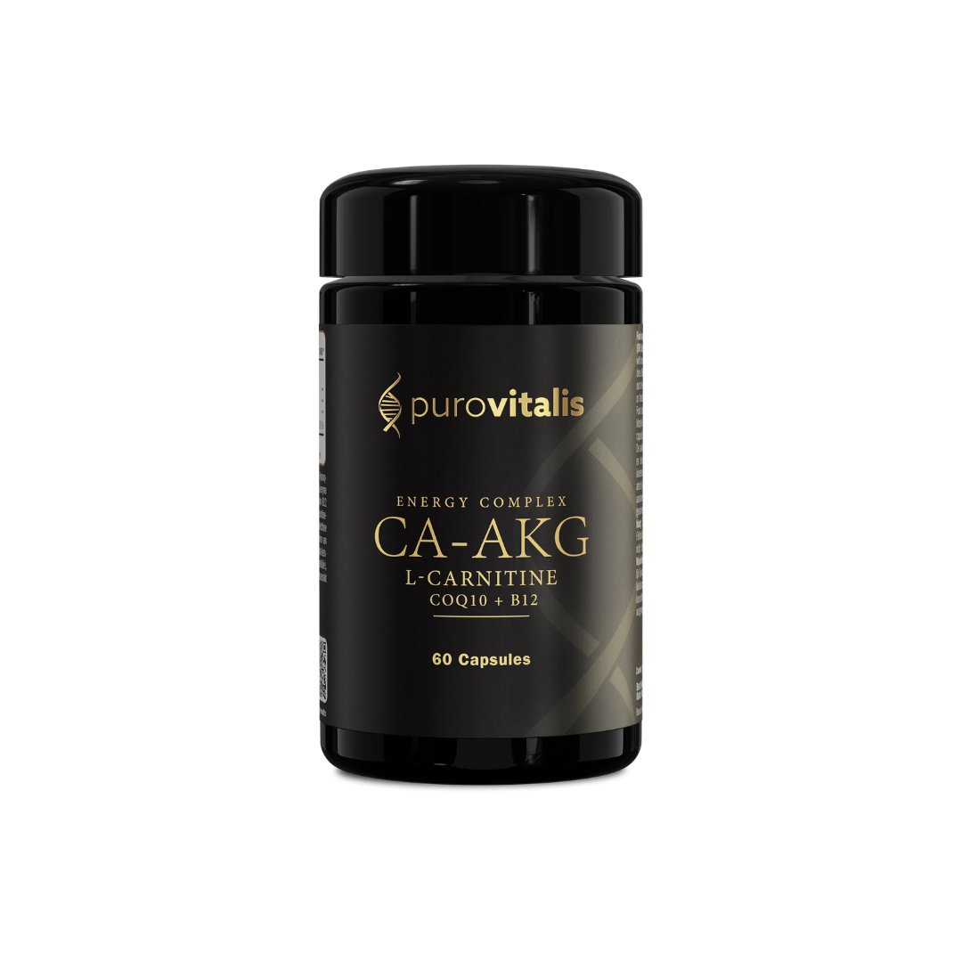 Black supplement bottle labeled 'purovitalis' on a white background