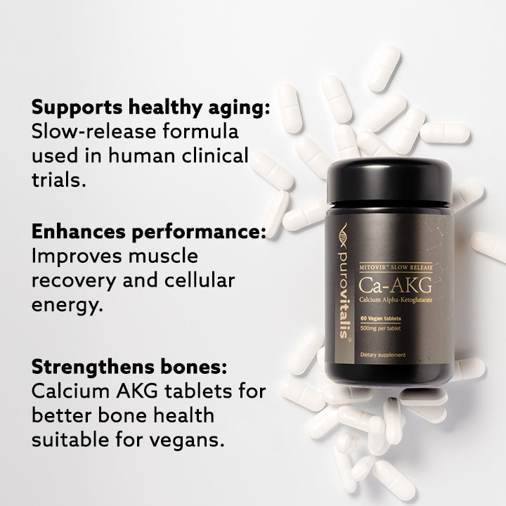 bottle of purovitalis Ca-AKG product on top of white tablets with benefits text on a white background