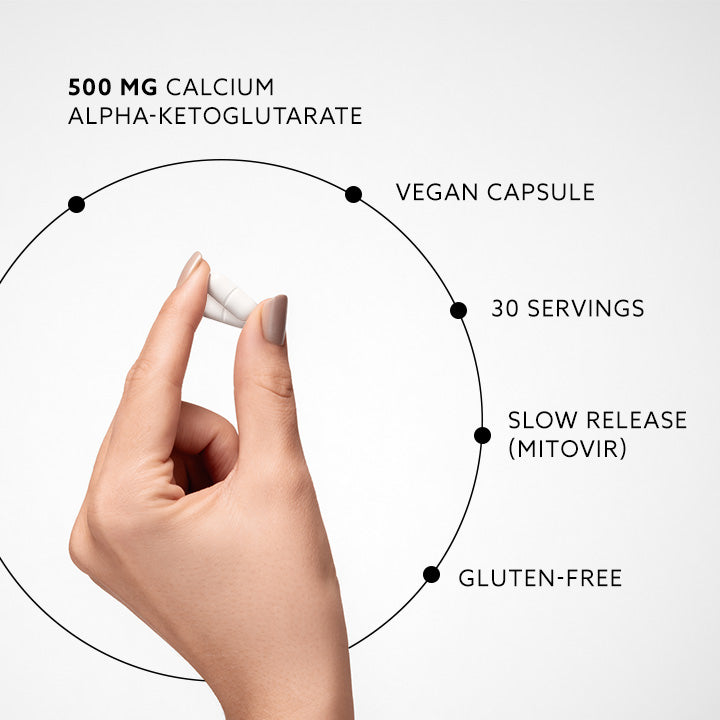 Vegan tablet with text detailing its ingredients and benefits on a white background
