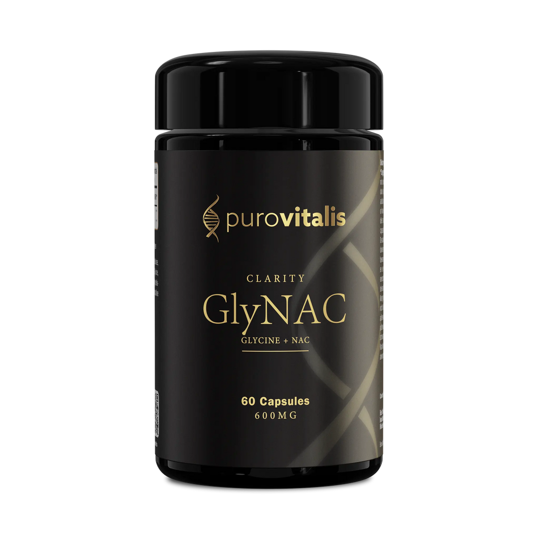 Black supplement bottle labeled 'Clarity GlynAC' by purovitalis on a transparent background