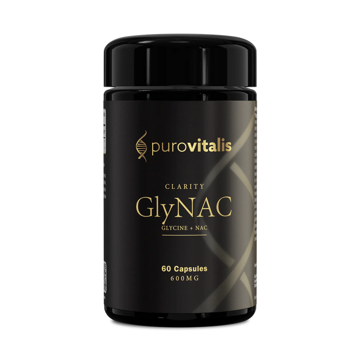 Black supplement bottle labeled 'Clarity GlynAC' by purovitalis on a transparent background