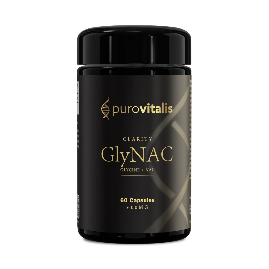 Black supplement bottle labeled 'Clarity GlynAC' by purovitalis on a transparent background