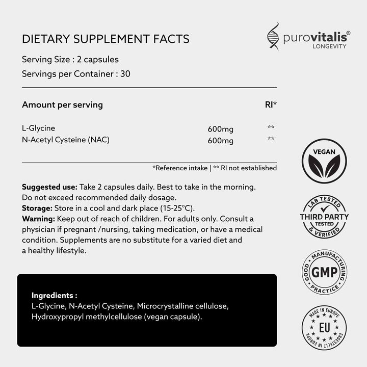 Dietary supplement label for purovitalis with supplement facts and branding.