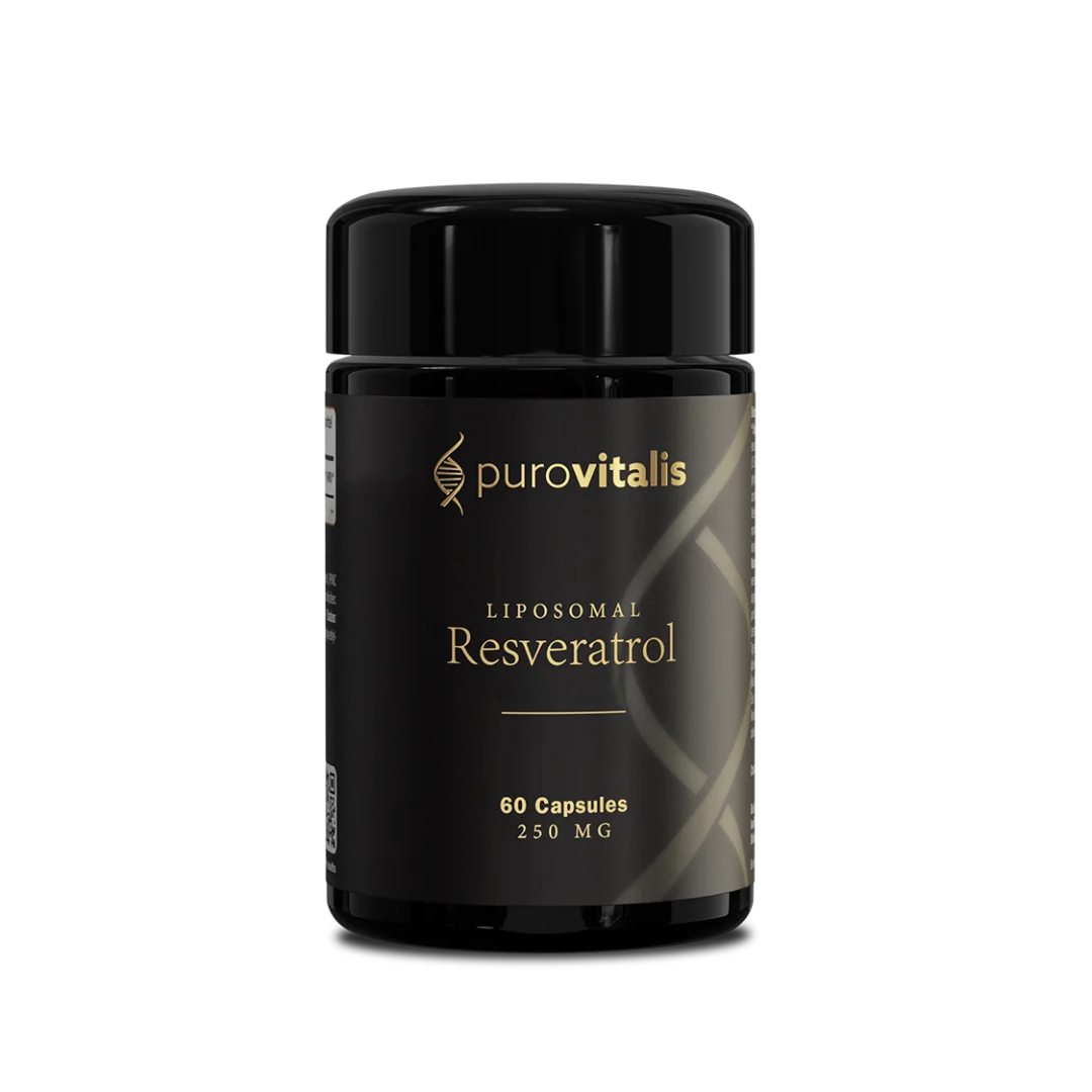 Black bottle of purovitalis Liposomal Resveratrol on a transparent background