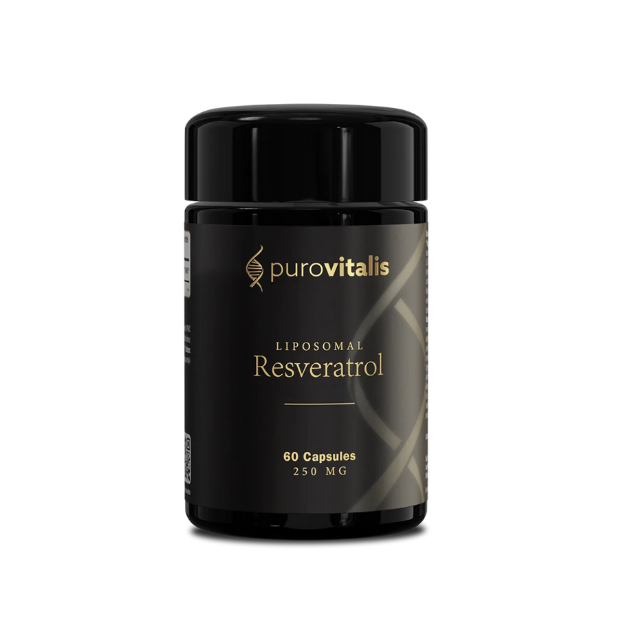 Black bottle of purovitalis Liposomal Resveratrol on a transparent background