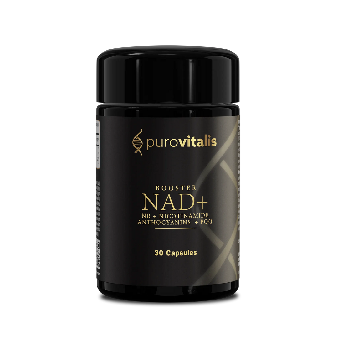 Black supplement bottle labeled 'purovitalis' with 'Booster NAD+' on a white background