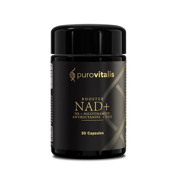 Black supplement bottle labeled 'purovitalis' with 'Booster NAD+' on a white background