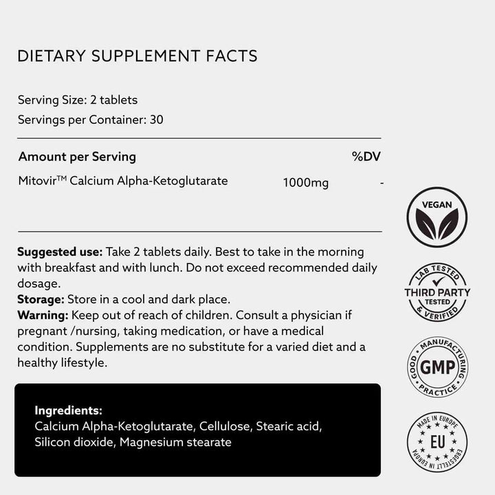 Dietary supplement label with information on Purovitalis Mitovir Calcium Alpha-Ketoglutarate.