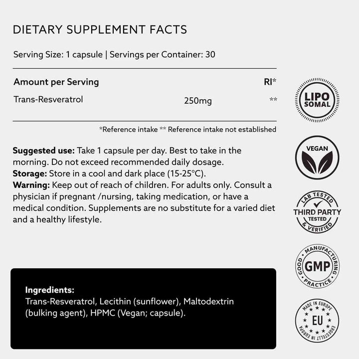 Dietary supplement label with trans-resveratrol content and certification logos.