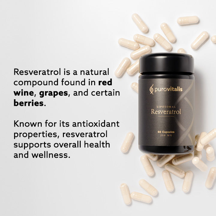 Purovitalis Resveratrol supplement bottle with capsules with text info on a white background