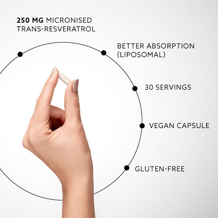 Hand holding a capsule with nutritional information text around it on a white background