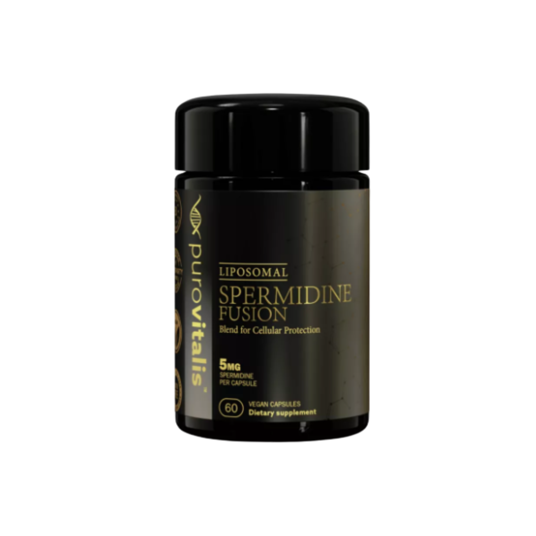 Supplement container labeled 'Liposomal Spermidine Fusion' by Purovitalis on a white background