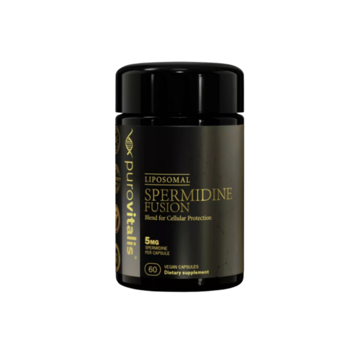 Supplement container labeled 'Liposomal Spermidine Fusion' by Purovitalis on a white background