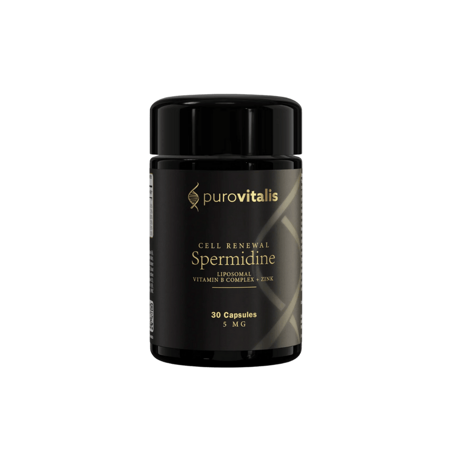 Black supplement container labeled 'purovitalis' on a transparent background