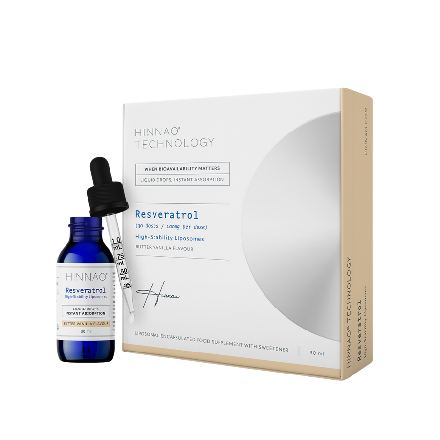 Hinnao Resveratrol supplement bottle and dropper with packaging on a transparent background
