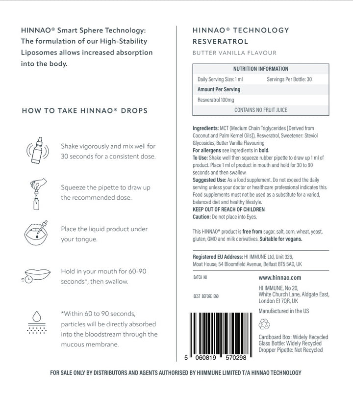 Back label of HINNAO drops packaging with text, icons, and nutritional information.
